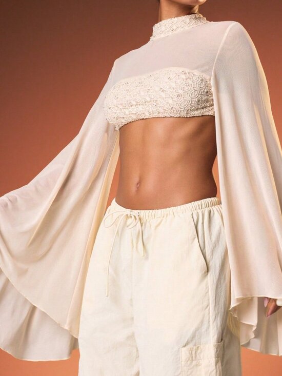 MODA ME COUTURE Tops - White Party Women's Crop Top with Waterfall Sleeves